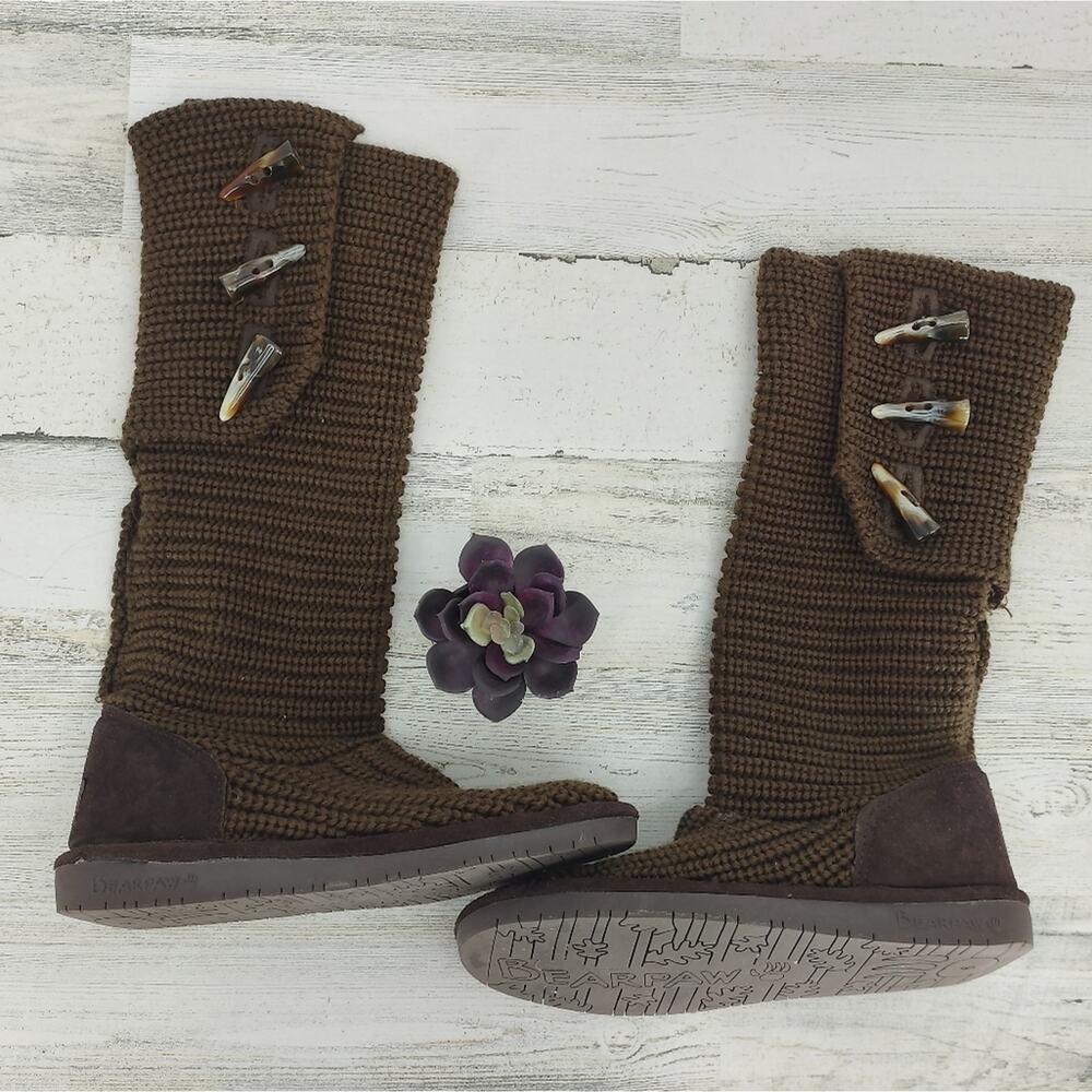 BearPaw Chocolate Brown Knee High Knit Button Boots Slip On Soft Winter Size 6